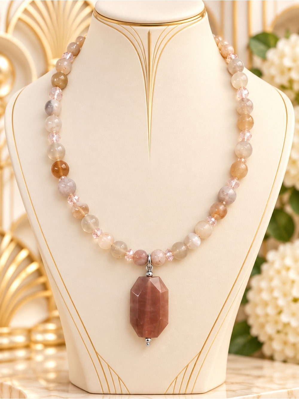 🆕🔥Genuine Flower Agate Necklave with Sunstone Pendant